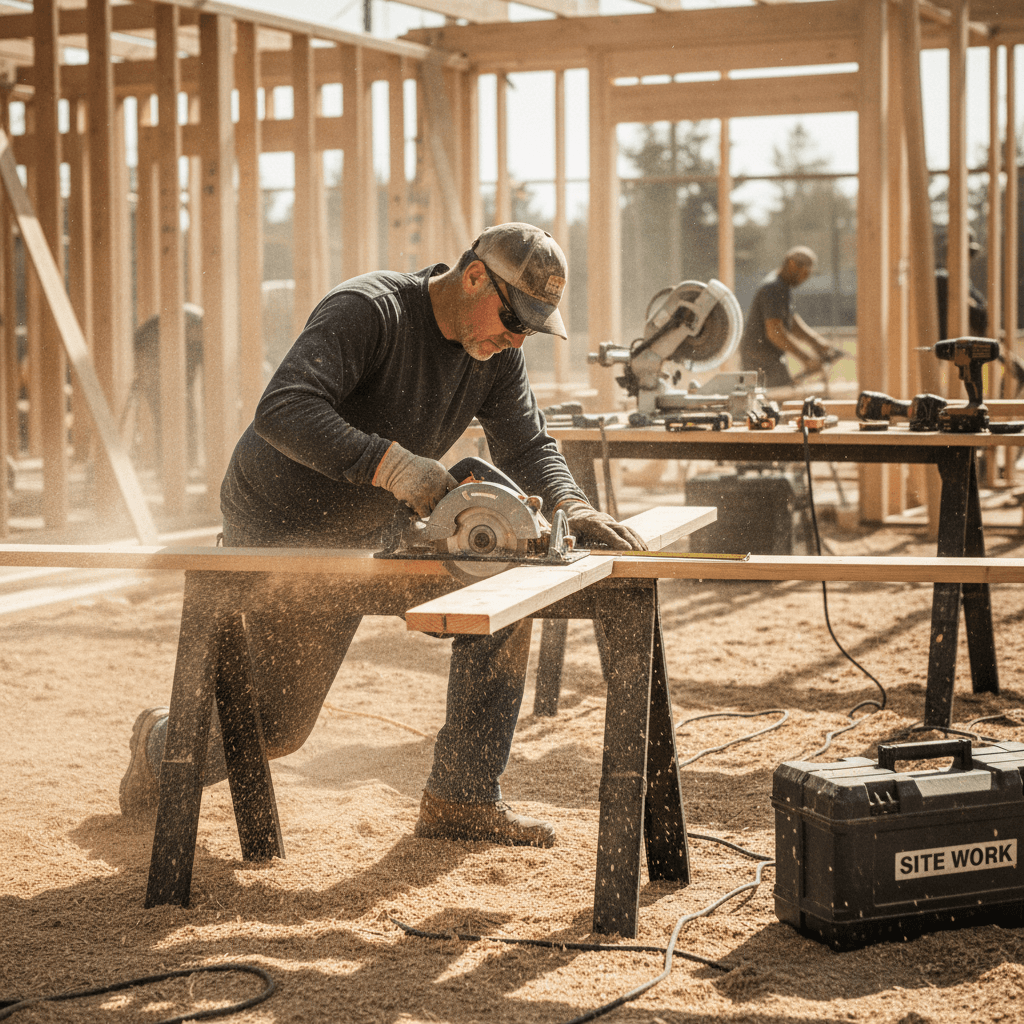 Contractor cutting lumber on a residential job site