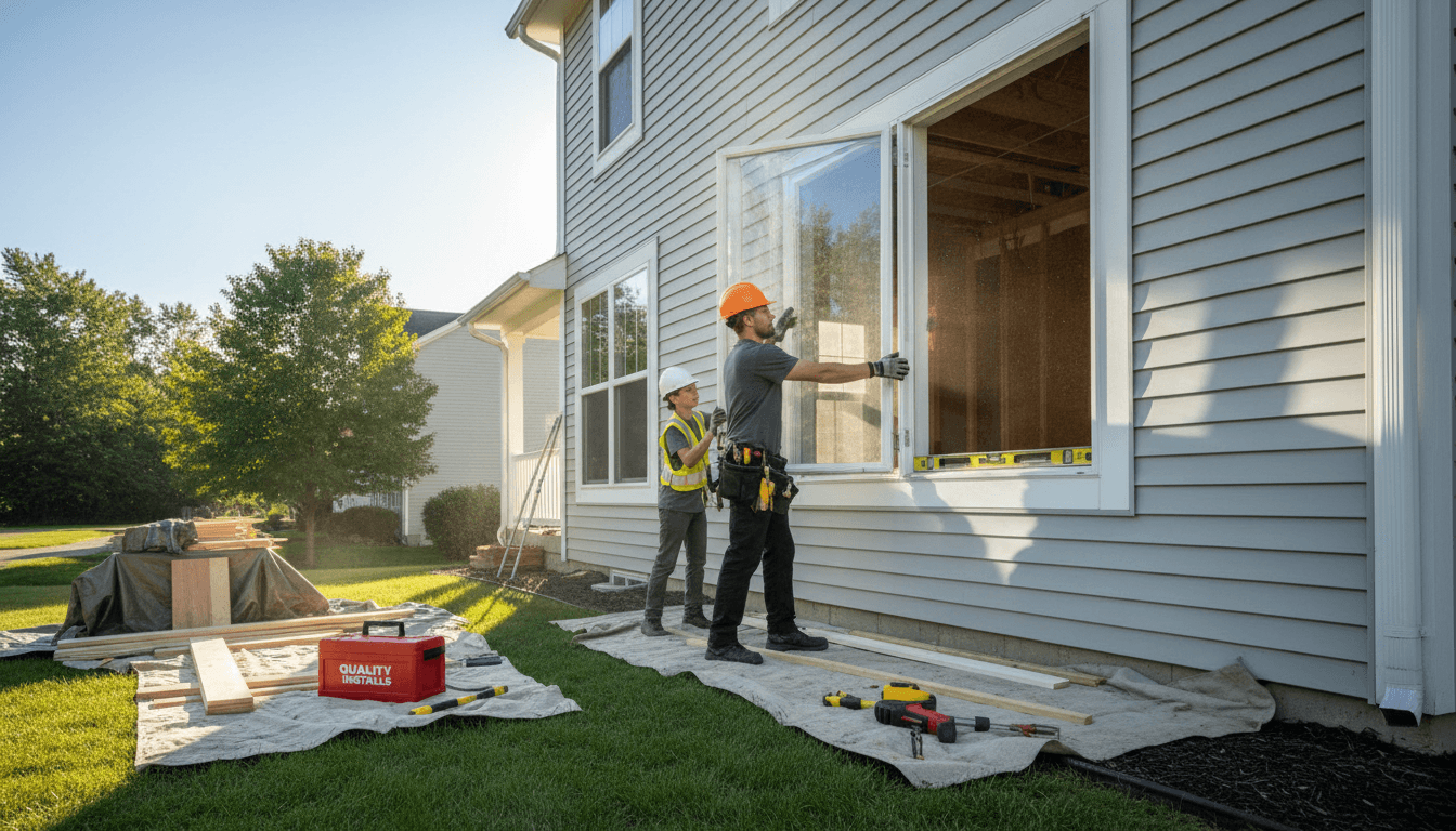 Contractor installing a window