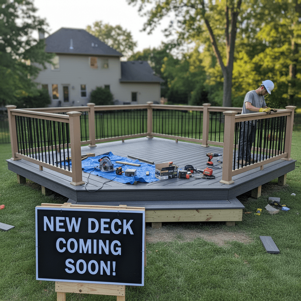 Composite deck under construction in a backyard